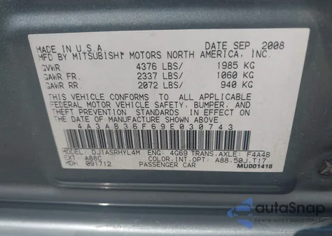 2009 Mitsubishi Galant Es/Sport Edition из США, поврежденный, VIN 4A3AB36F69E030743